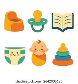 Set of baby care and early development icons including diaper, pacifier, potty, baby, book, and stacking toy. Flat cartoon illustration on white background. Infant care and parenting concept. Design