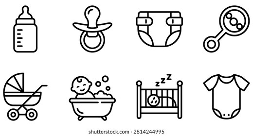 Set of baby care and newborn essentials line icons with parenting, pacifier