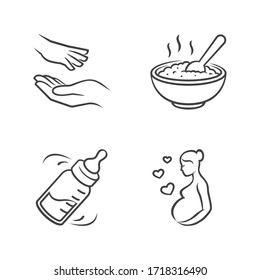 Set of baby care Outline icons. Main topics: pregnancy, baby care, baby food. White background. Perfect for use in: website, promotional materials, illustrations, and even as a logo.