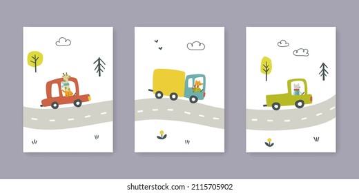 Set of baby cartoon cars driving on the road poster with animals. Collection of nursery prints with doodle vehicle.