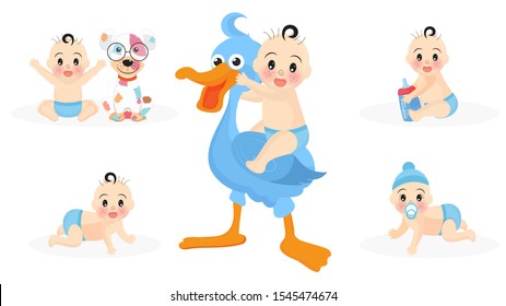 Set of baby character in different activity with toys such as dog and stork on white background for Baby Shower concept.