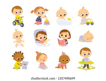  Set of baby  characters. Babies playing with toys.
