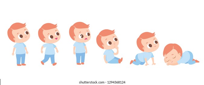 Set of baby  characters. Tired sleeping baby. Disappointed, sad baby.  Curious child