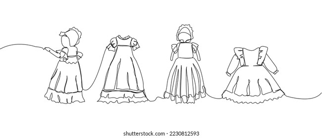 Set of baby christening dresses one line art. Continuous line drawing of child, childhood, play, boy, girl, clothing, dress, dress up, celebration, christening clothes, dress, bonnet