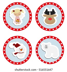 set baby Christmas stickers. Collection of badges labels for the new year. Templates for decoration or design. Vector illustration