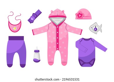 Set of baby clothes and accessories for girl on white background