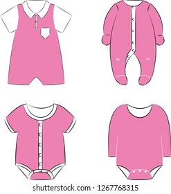 Set of  baby clothes collection for girl.
Cute pink оveralls, baby romper, bodysuit for newborns. Vector illustration isolated on white background