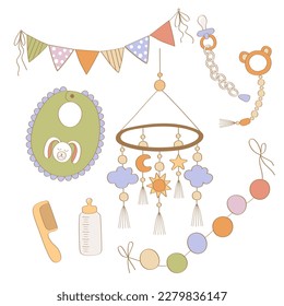 Un conjunto de ropa de bebé. Un lindo conjunto de cosas para la infancia. Iconos aislados de productos para bebés para recién nacidos. Juguetes, accesorios higiénicos, biberón, pezón. Vector de estilo plano