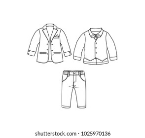 Set of baby clothes design template,collection of party suit set,Suit white and waistcoat have a bow tie and jean pants template design
