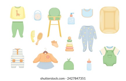 Set of baby clothes goods jumpsuit bodysuit pajama skirt toy chair. Cartoon vector illustration of newborn items isolated.