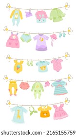 Set of baby clothes hanging on string. Clothing for infant newborn boy or girl child isolated on white background. Kid dress, hat, shirts, romper suit. Doodle vector illustration