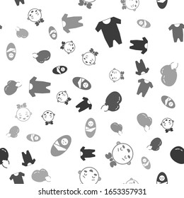 Set Baby clothes, Happy little girl head, Balloons with ribbon and Newborn baby infant swaddled on seamless pattern. Vector