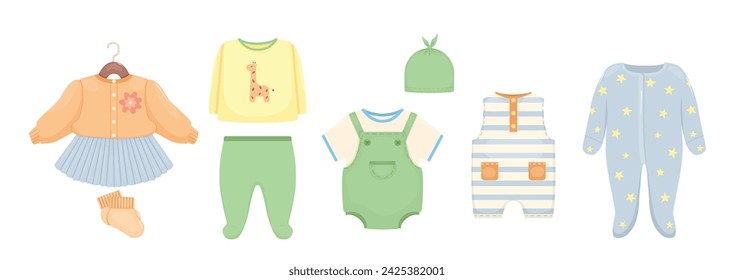 Set of baby clothes  jumpsuit bodysuit pajama skirt. Cartoon vector illustration isolated.