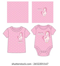  Conjunto de mockups de roupas de bebê com impressão de unicórnio. T camisa e bodysuit vetor mão desenhada
