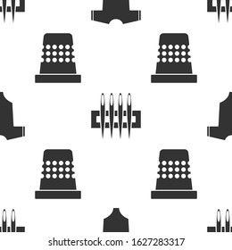 Set Baby clothes, Needle for sewing and Thimble for sewing on seamless pattern. Vector