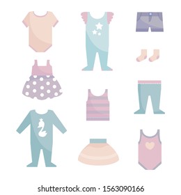 Set of baby clothes for newborn boys and girls on a white isolated background. Pastel shades. Vector illustration in cartoon style.