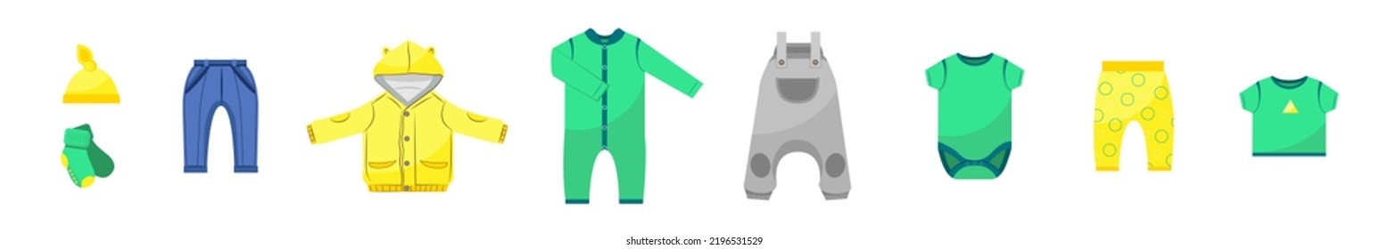 Set of baby clothes on white background