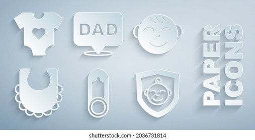 Set Baby clothes pin, Little boy head, bib, on shield, Speech bubble dad and  icon. Vector