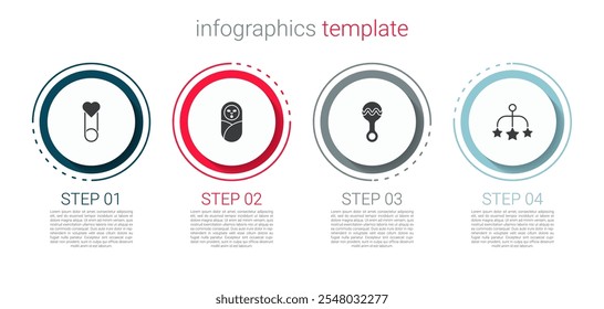 Set Alfiler de ropa de bebé, bebé recién nacido envuelto, juguete de sonajero y juguetes colgantes de cuna. Plantilla de infografía de negocios. Vector