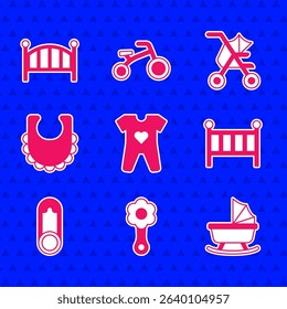 Set Baby clothes, Rattle baby toy, stroller, crib cradle bed, pin, bib,  and  icon. Vector