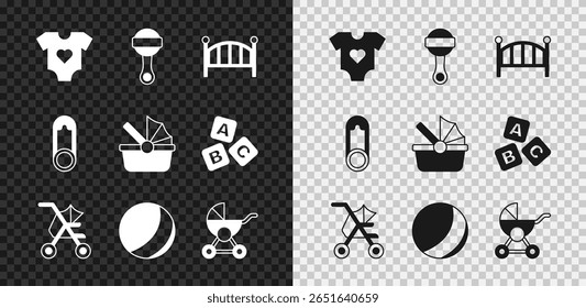Set Baby clothes, Rattle baby toy, crib cradle bed, stroller, Beach ball, pin and  icon. Vector