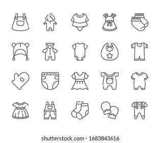 Set of baby clothes Related Vector Line Icons. Includes such Icons as diapers, sliders, bib, newborn and more.