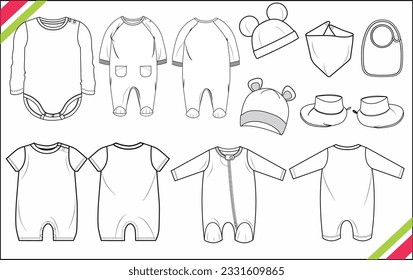 SET OF BABY CLOTHES, ROMPER, BODYSUIT, BABY CAP,BABY BIBS, BABY MITTEN, SKETCH FASHION TEMPLATE TECHNICAL DRAWING ILLUSTRATION