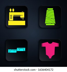 Set Baby clothes, Sewing machine, Tape measure and Sewing thread on spool. Black square button. Vector