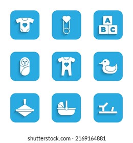 Set Baby clothes, stroller, shoes, Rubber duck, Whirligig toy, Newborn baby infant swaddled, ABC blocks and  icon. Vector