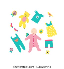Set of a baby, baby clothes, a teddy bear. Vector flat illustration. Isolated on white