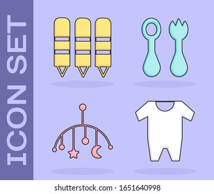 Set Baby clothes, Wax crayons for drawing, Baby crib hanging toys and Baby cutlery with fork and spoon icon. Vector
