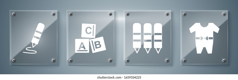 Set Baby clothes, Wax crayons for drawing, ABC blocks and Wax crayon for drawing. Square glass panels. Vector