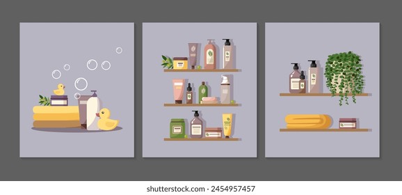 Set of baby cosmetics and baby bathing supplies. Shelves with cosmetics for skin and hair care. Hygiene products for newborns. Bottles and jars for baby care. Stock vector illustration.