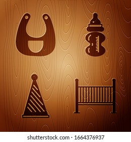 Set Baby crib cradle bed, Baby bib, Party hat and Baby bottle on wooden background. Vector