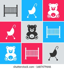 Set Baby crib cradle bed, Baby stroller and Teddy bear plush toy icon. Vector