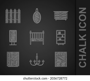 Set Baby crib cradle bed, Chandelier, Wardrobe, Library bookshelf, Big full length mirror, Chest of drawers and Garden fence wooden icon. Vector
