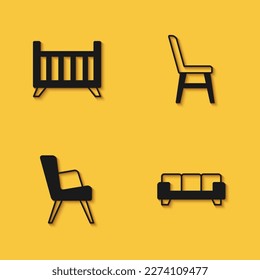 Set Baby crib cradle bed, Sofa, Armchair and Chair icon with long shadow. Vector