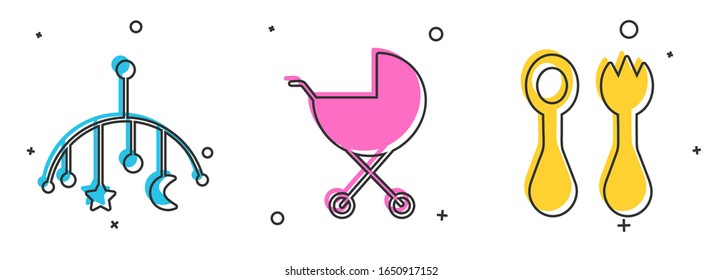 Set Baby crib hanging toys, Baby stroller and Baby cutlery with fork and spoon icon. Vector