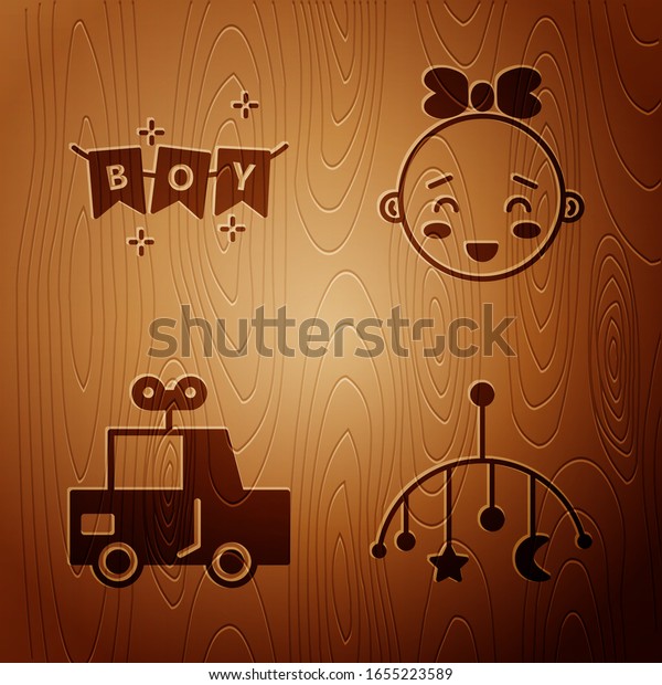 Set\
Baby crib hanging toys, Carnival garland with flags, Toy car and\
Happy little girl head on wooden background.\
Vector
