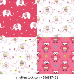 Set of baby cute seamless patterns with elephants and owl. Wrapping paper, scrapbook paper, bedding pattern vector illustration.