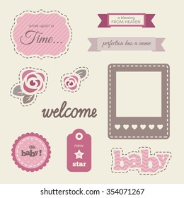 Set of baby design elements. Pink and brown colors. For cards, birthday invitations, baby shower invitations, save the date cards etc.