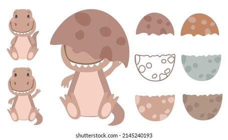 Set Of Baby Dinosaur And Outline Egg. Cute Little Dino Vector Illustration. Boho Baby Shower Elements.