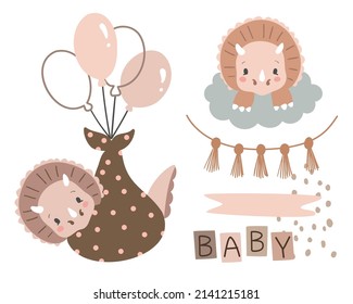 Set of baby dinosaurs, balloons, boho elements and cloud. Baby dinosaur boho abstract elements. Cute dino vector illustration.