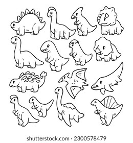 Set of baby dinosaurs hand-drawn outline sketch illustration