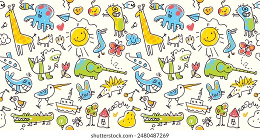 Set of baby doodles. Children funny drawings. Colored pencils scribbles made by a little kid. Vector illustration. Repeating seamless pattern for your wallpaper or textile design