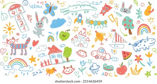 Set of baby doodles. Children funny drawings. Colored pencils scribbles made by a little kid. Hand drawn sketch. Repeating seamless pattern for your wallpaper or textile design. Vector illustration