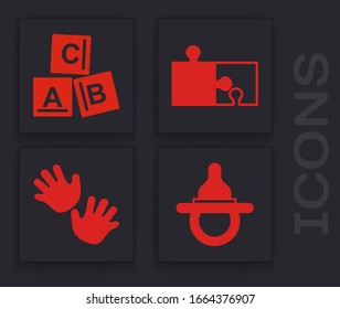 Setzen Sie den Baby-Dummy-Pazifiker, ABC-Blöcke, Puzzleteil und Baby-Händedrucksymbol. Vektorillustration