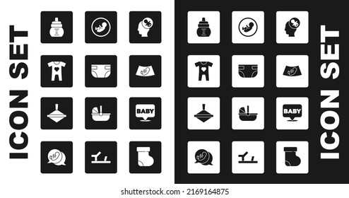 Set Baby dummy pacifier, absorbent diaper, clothes, bottle, Ultrasound of baby,  and Whirligig toy icon. Vector