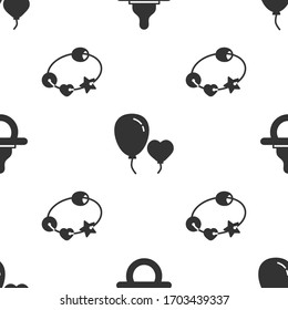 Set Baby dummy pacifier, Balloons in form of heart and Rattle baby toy on seamless pattern. Vector