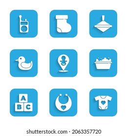 Set Baby dummy pacifier, bib, clothes, bathtub, ABC blocks, Rubber duck, Whirligig toy and Monitor Walkie Talkie icon. Vector